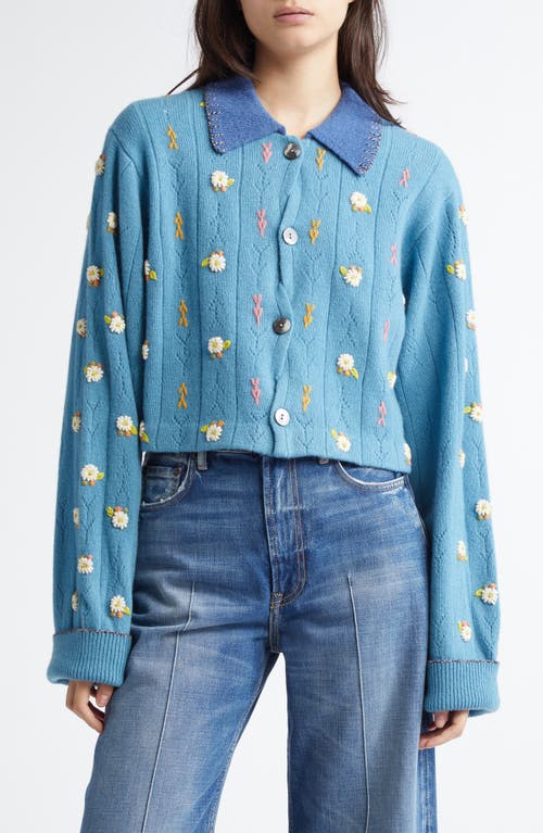 YanYan Daisy Embroidered Lambswool Cardigan in Denim Light 