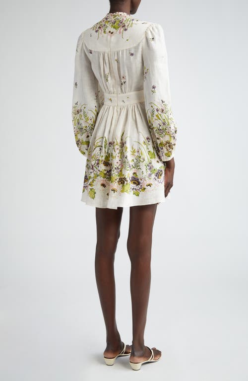 Shop Zimmermann Halliday Floral Long Sleeve Linen Minidress In Cream Multi Floral