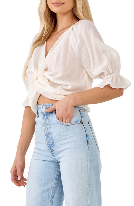 Endless Rose Front Twisted Puff Sleeve Top In White