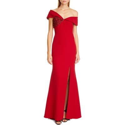 Badgley Mischka Collection Asymmetrical Off The Shoulder Gown, Red