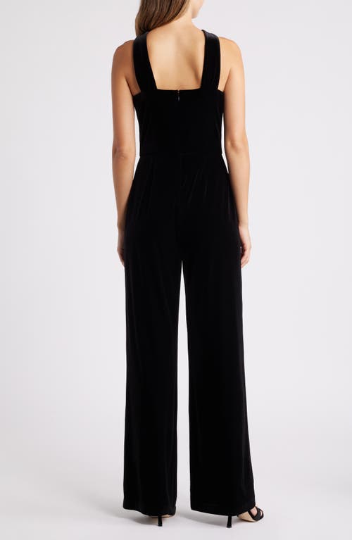 Eliza J Rhinestone Tie Neck Wide Leg Velvet Jumpsuit In Black