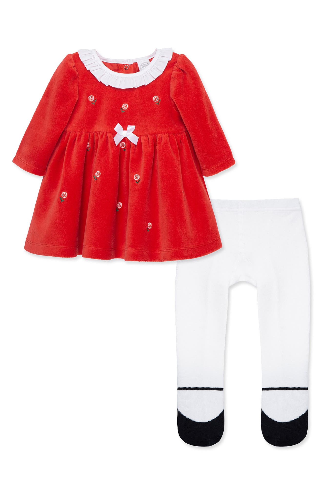 Little Me Roses Velour Dress & Tights Set in Red 