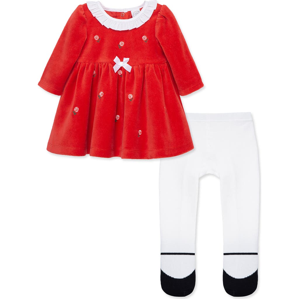Little Me Roses Velour Dress & Tights Set in Red