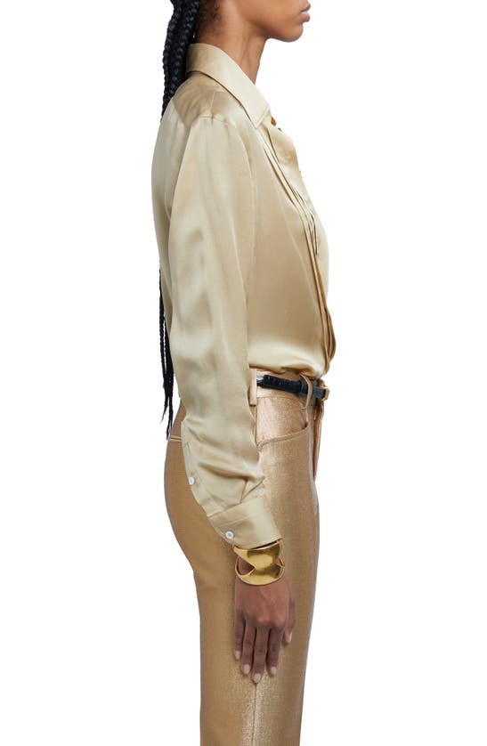 Shop Tom Ford Pleated Plastron Silk Charmeuse Button-up Shirt In Soft Beige