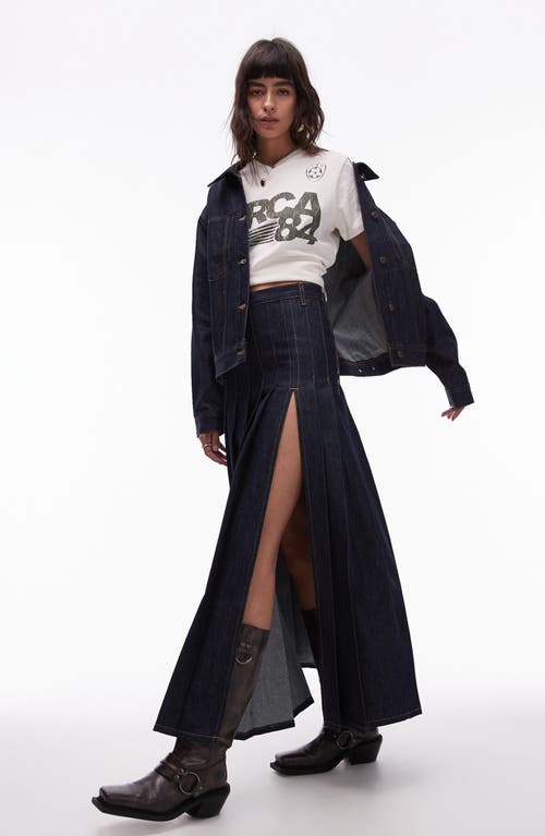 Shop Topshop Pleated Denim Maxi Skirt In Indigo