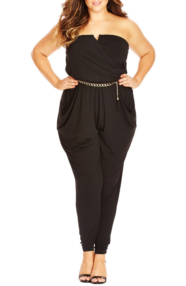 City Chic 'Sleek V' Belted Strapless Jumpsuit (Plus Size) | Nordstrom
