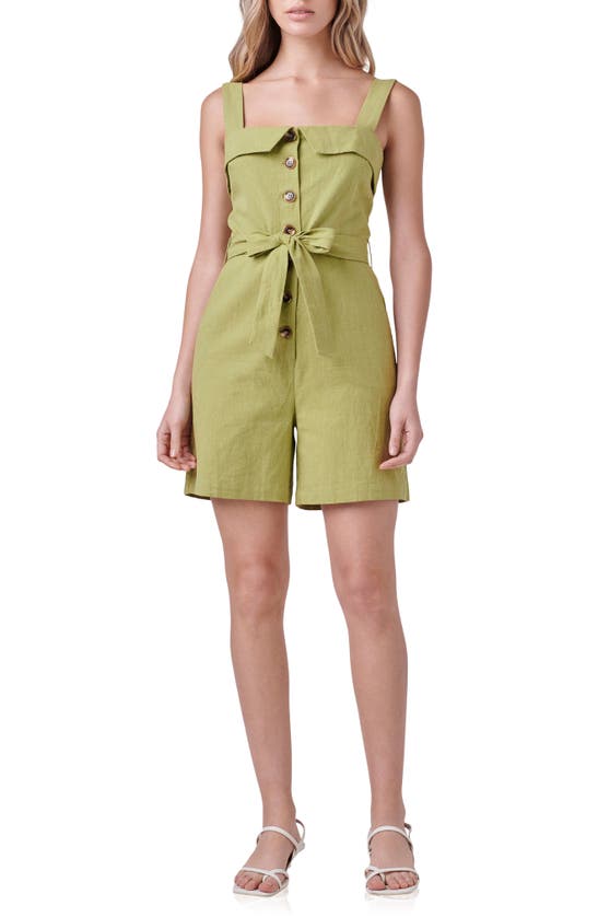 Shop English Factory Belted Linen & Cotton Button-up Romper In Green