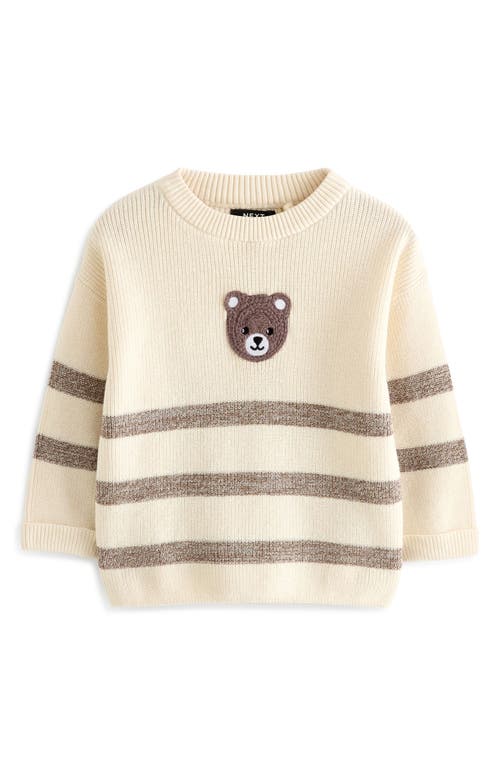 Shop Next Kids' Bear Appliqué Stripe Cotton Crewneck Sweater In Brown