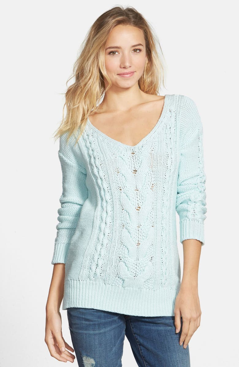 BP. Long Sleeve V-Neck Cable Pullover (Juniors) | Nordstrom