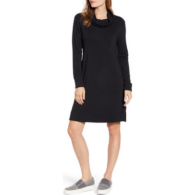 Petite Caslon Cowl Neck Side Button Long Sleeve Dress, Black