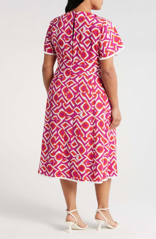 Tahari Asl Geo Print Midi Dress In Wild Berry