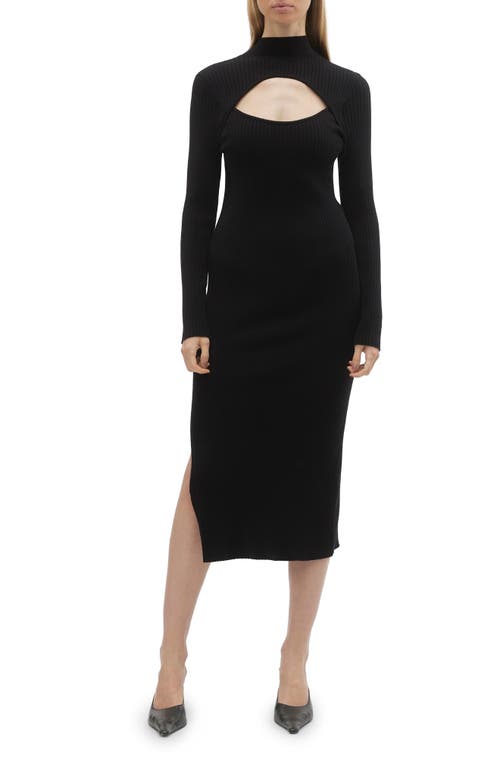 Yasmin Cutout Mock Neck Long Sleeve Midi Sweater Dress in Black
