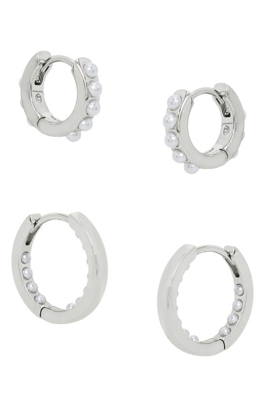 Shop Allsaints Set Of 2 Imitation Pearl Huggie Hoop Earrings In Rhodium