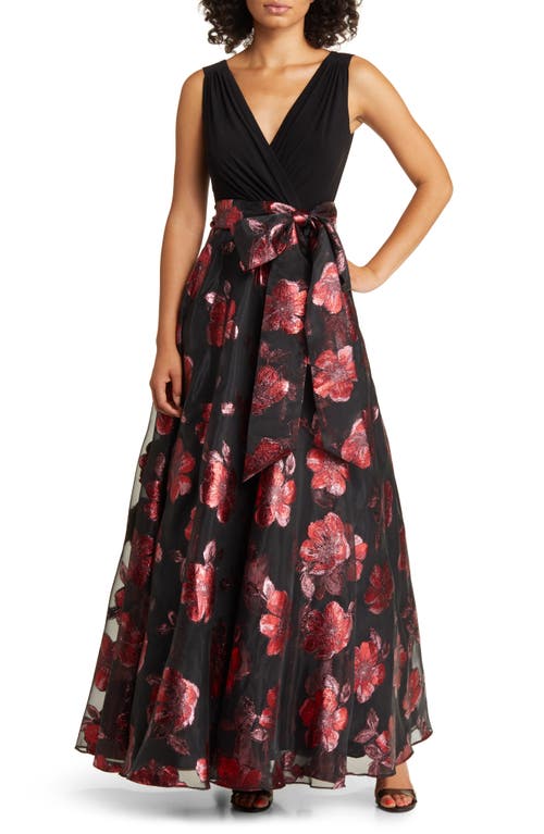 Eliza J Floral Jacquard Faux Wrap Ballgown in Red Black at Nordstrom, Size 6