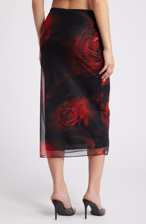 Mistress Rocks Rose Lace-up Mesh Midi Skirt In Black Rose Print