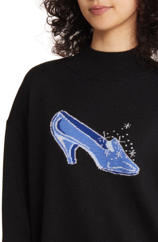 Sandy Liang X Disney 'cinderella' Slipper Intarsia Lambswool Mock Neck Sweater In Black