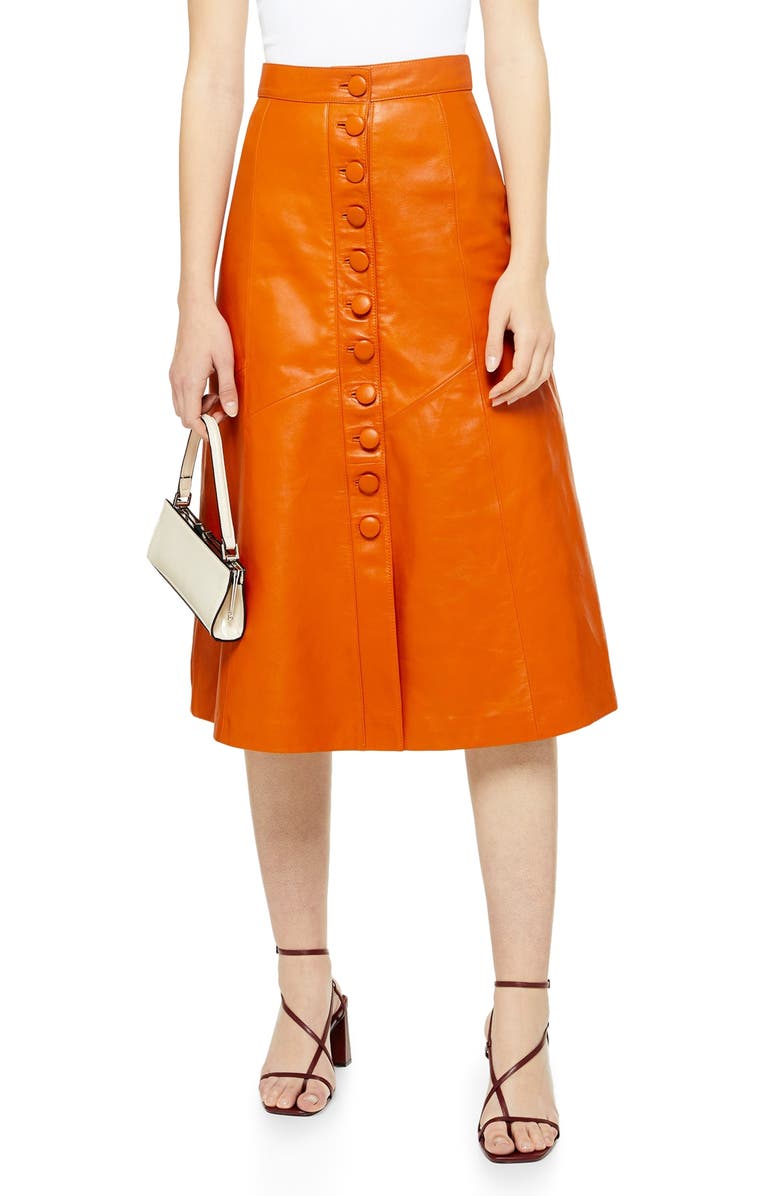  Leather Button Midi Skirt, Main, color, ORANGE