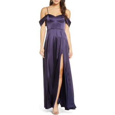 Sequin Hearts Cold Shoulder Satin Evening Gown, Blue