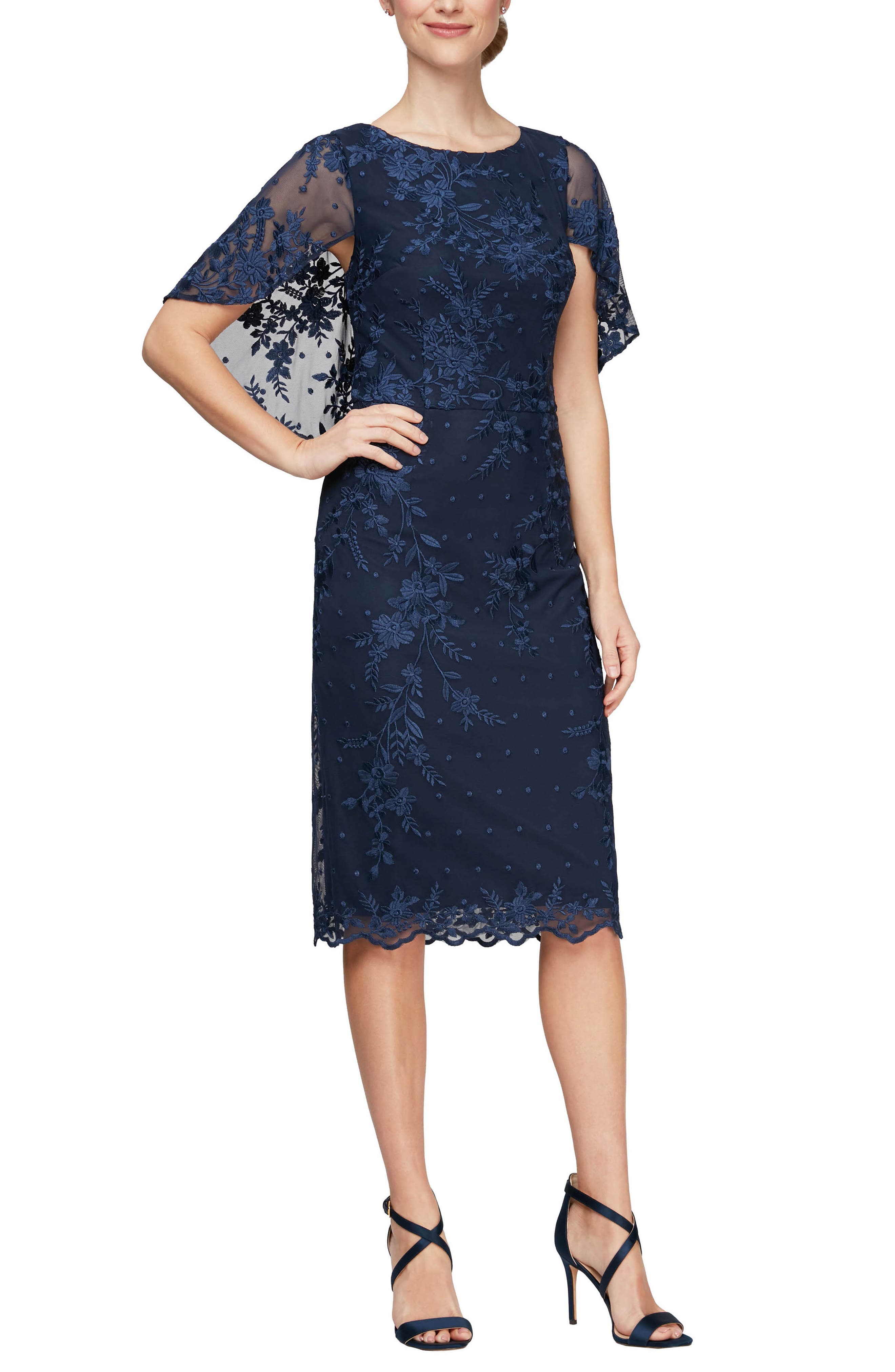 Alex Evenings Embroidered Illusion Capelet Sleeve Sheath Dress In Navy