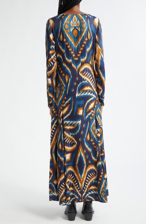 Shop Farm Rio Ikat Print Long Sleeve Satin Maxi Dress In Pineapple Ikat Blue