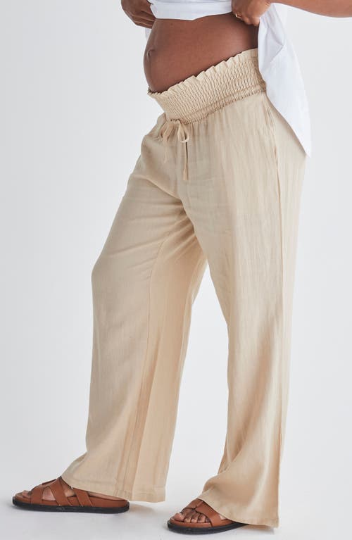 Angel Maternity Smocked Waist Linen Maternity Pants In Light Beige