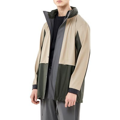Rains Waterproof Colorblock Tracksuit Jacket With Zip Out Hood, Beige