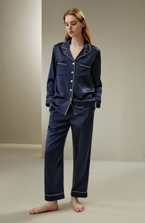 Shop Lilysilk 22mm Gold Piping Silk Pajamas Set In Navy Blue