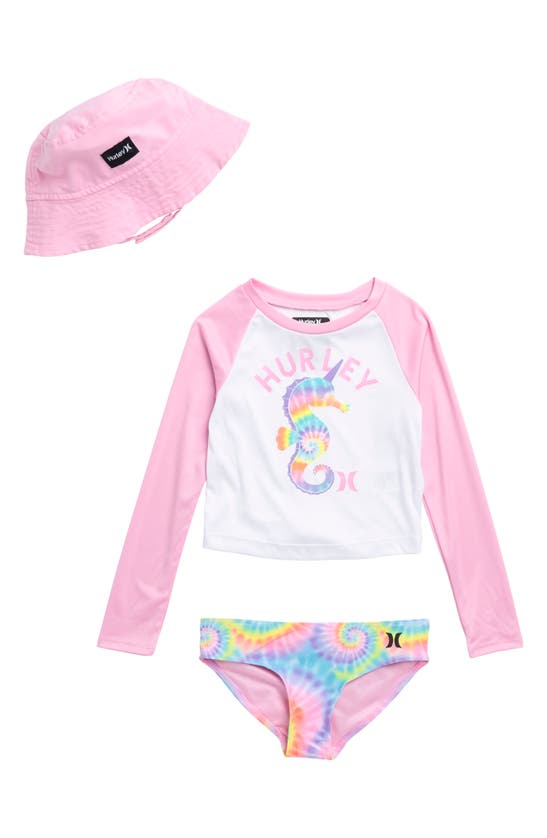 Hurley Kids' Upf Two-piece Rashguard Swimsuit & Bucket Hat Set In White/ Pink Multi