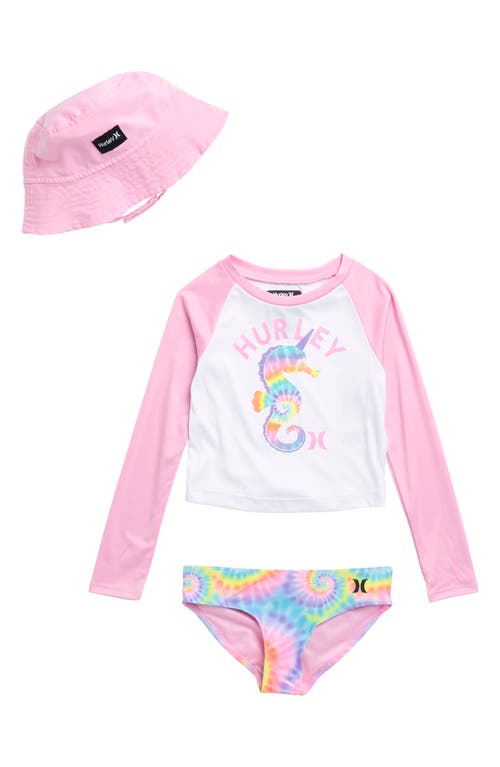 Shop Hurley Kids' Upf Two-piece Rashguard Swimsuit & Bucket Hat Set In White/pink Multi