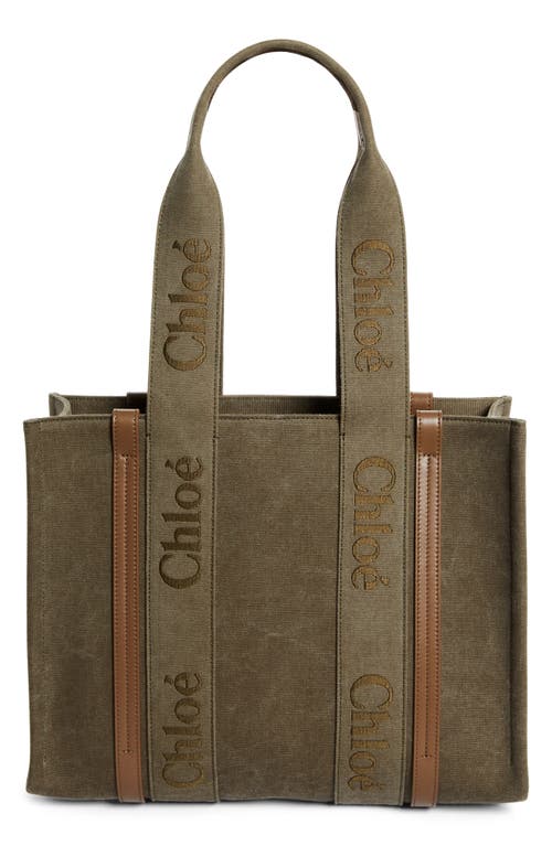 Shop Chloé Woody Linen Canvas Tote In Dark Khaki