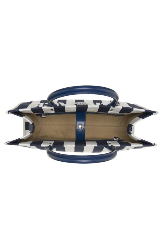 Shop Versace Large La Medusa Logo Stripe Canvas Tote In Navy/ White/ Palladium