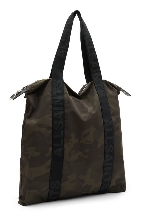 Shop Allsaints Afan Camo Recycled Polyester Tote In Dark Camo Green