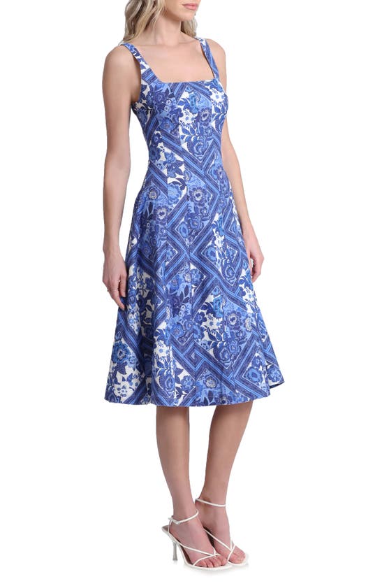 Shop Avec Les Filles Floral Linen Blend Fit & Flare Midi Dress In Blue Lolita Patchwork