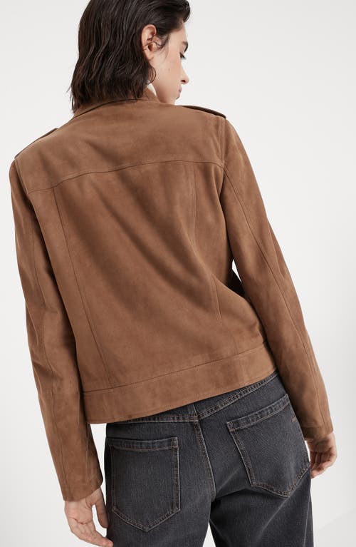 Shop Brunello Cucinelli Suede Biker Jacket In Brown