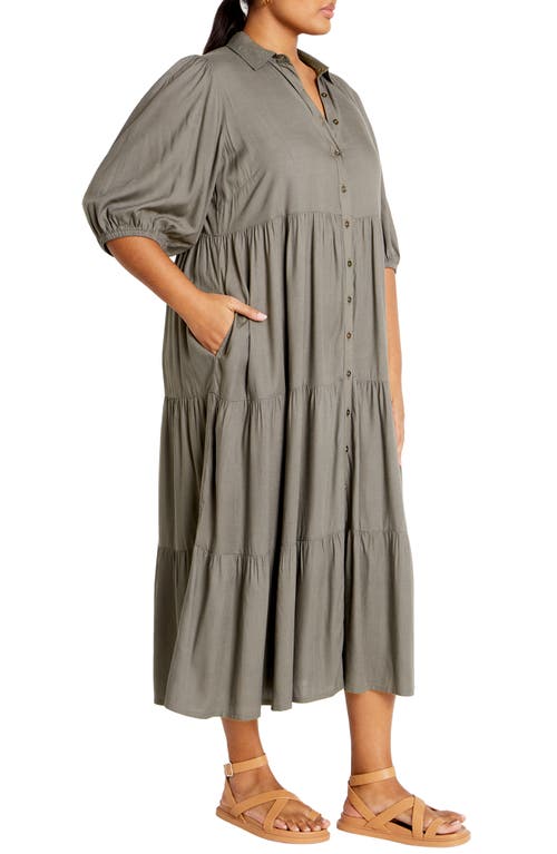 Shop City Chic Tiered Midi Shirtdress In Olive