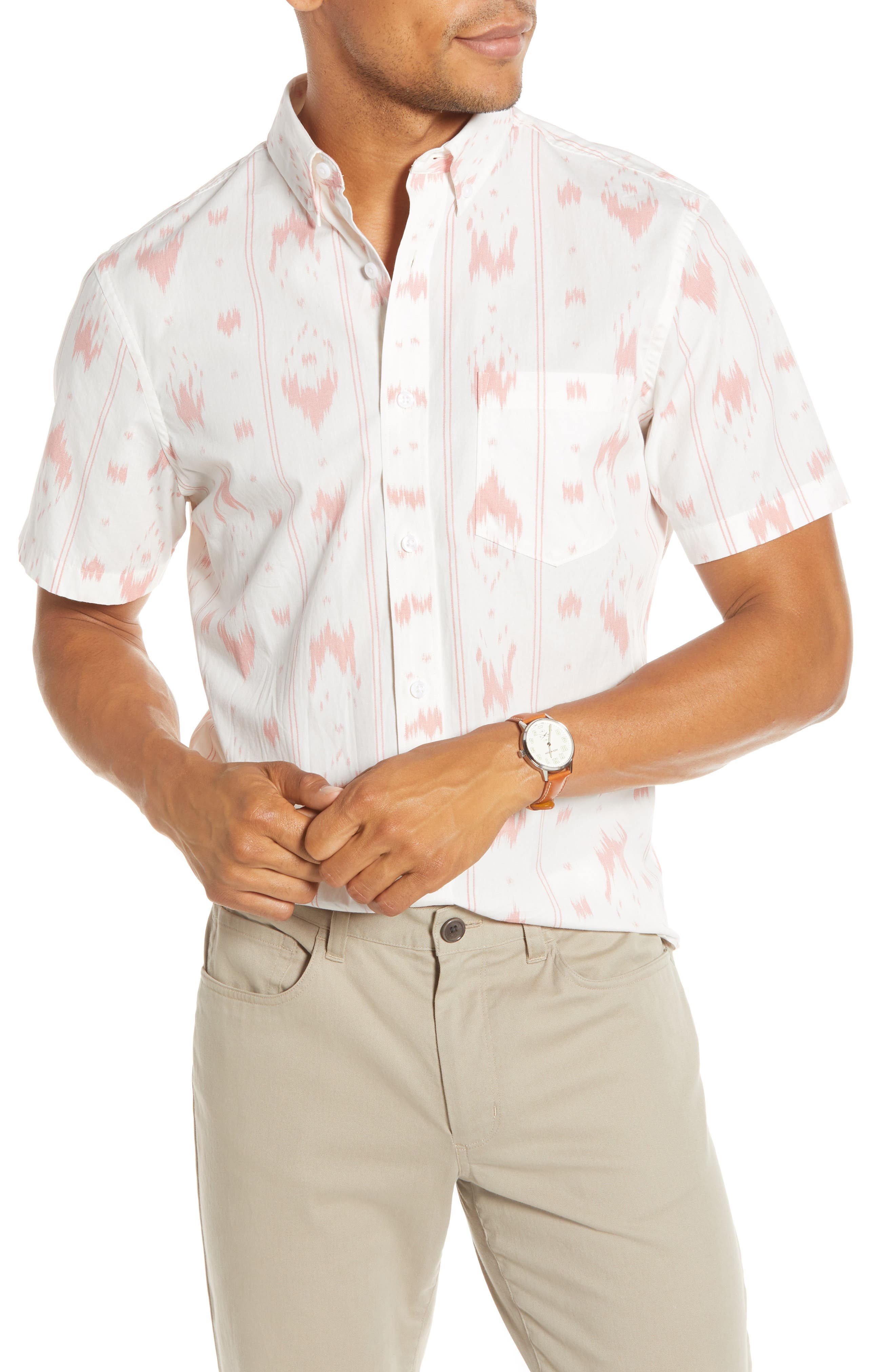 1901 Trim Fit Short Sleeve Button-Down Sport Shirt, Ivory