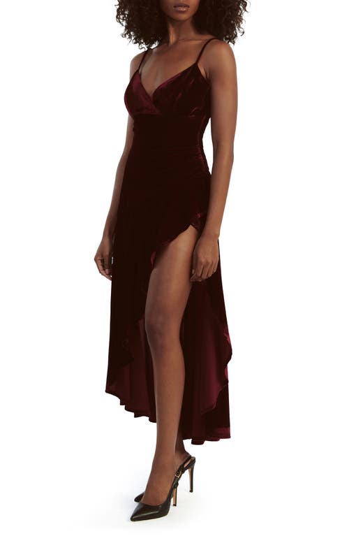 Shop Bardot Sorella Velour Asymmetric Midi Dress In Burgundy