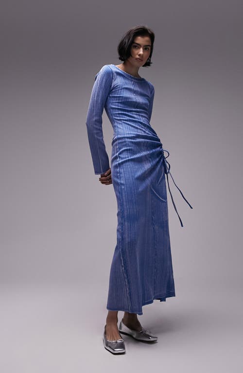 Acid Wash Ruched Long Sleeve Knit Midi Dress in Medium Blue