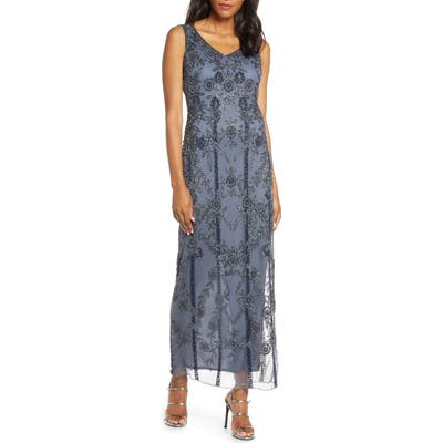Pisarro Nights Beaded Mesh Gown, Grey