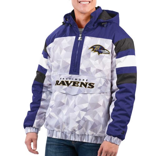 Men's Starter White/Purple Baltimore Ravens Thursday Night Gridiron Raglan Half-Zip Hooded Jacket