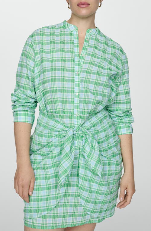 Shop Mango Check Tie Front Long Sleeve Shirtdress In Green