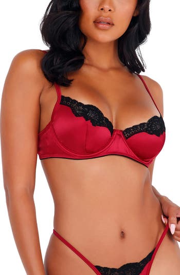 Uhndy Women's Balconette Bra Demi-Cup Bra Underwire Sexy Casual Solid Lace  Bra and Thongs Bra Set Red 30A Bra