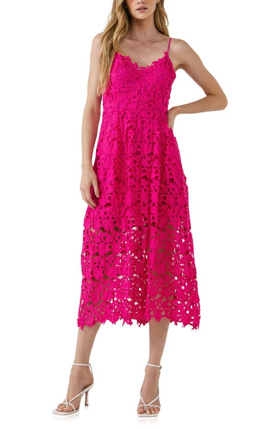 Shop Endless Rose Lace Spaghetti Strap Midi Dress In Fuchsia
