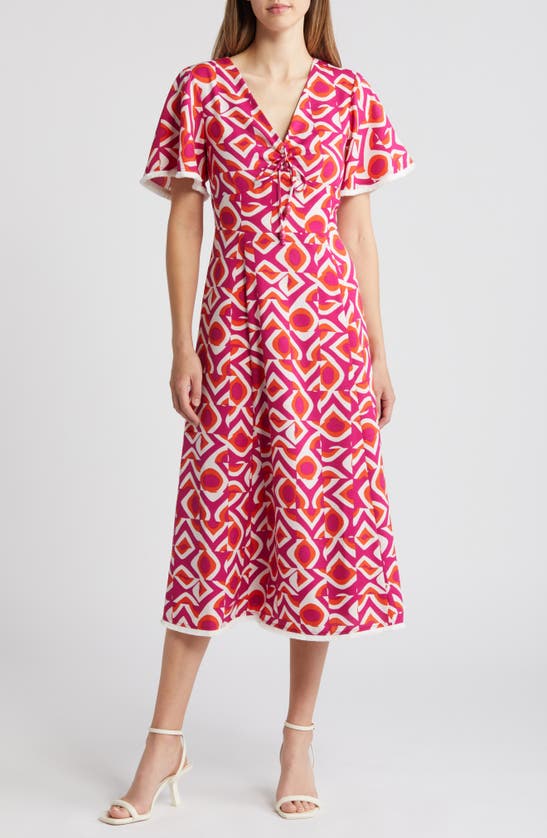 Shop Tahari Asl Geo Print Midi Dress In Wild Berry Ivory