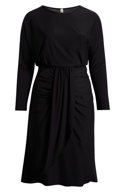 Shop 24seven Comfort Apparel Wrap Skirt Long Sleeve Jersey Dress In Black