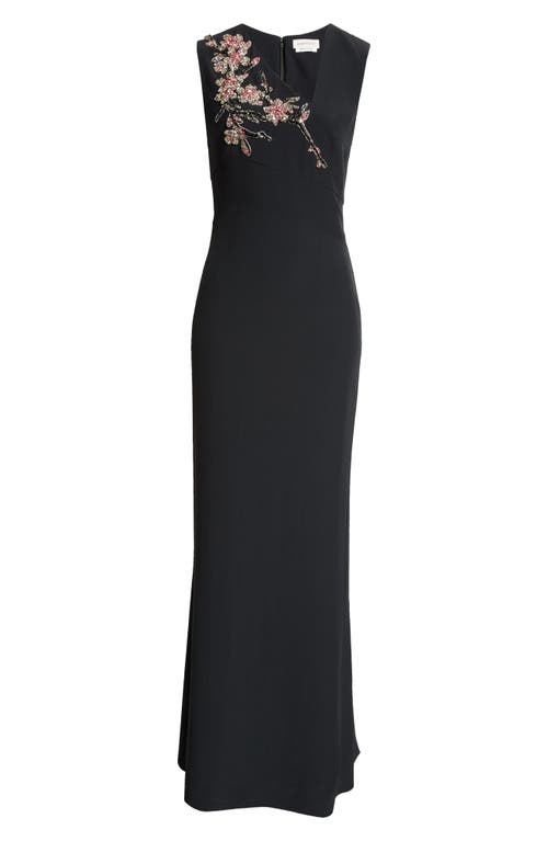 Shop Alexander Mcqueen Cherry Blossom Embelllishment Asymmetric Neck Jersey Gown In Black