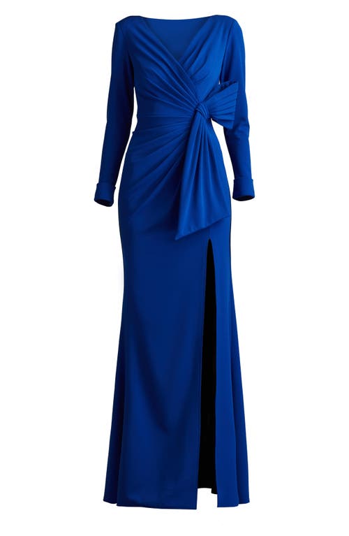 Shop Tadashi Shoji Bow Detail Long Sleeve Gown In Mystic Blue