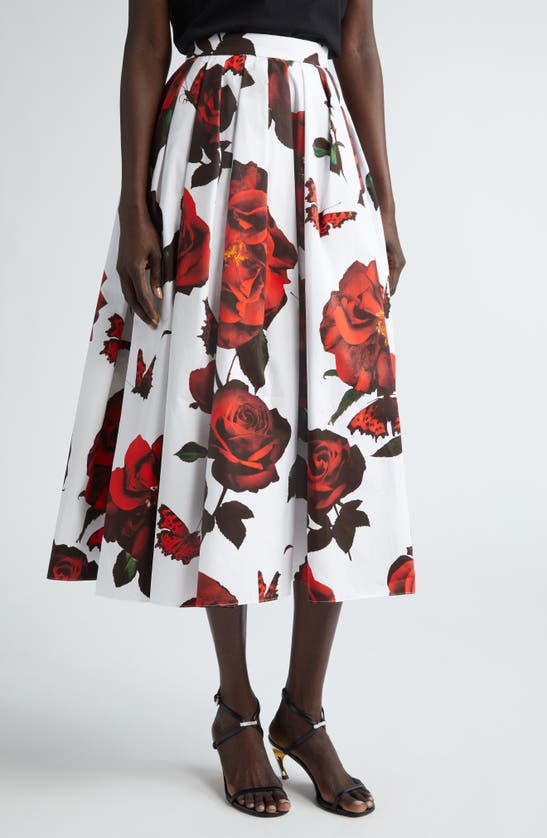 Shop Alexander Mcqueen Tudor Rose Pleated Cotton Midi Skirt In Opticalwhite