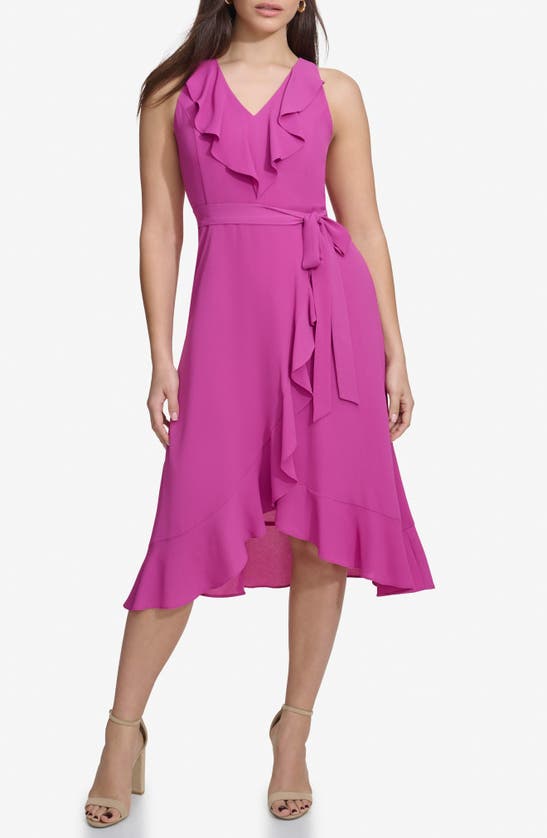 Shop Kensie Ruffle Trim Faux Wrap Dress In Fuchsia