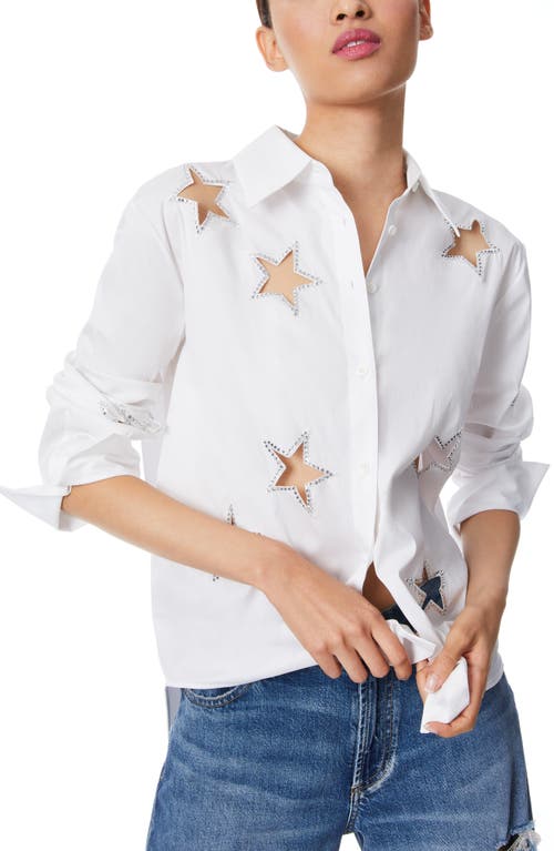 Alice + Olivia Finely Rhinestone Cutout Button-Up Shirt in Off White